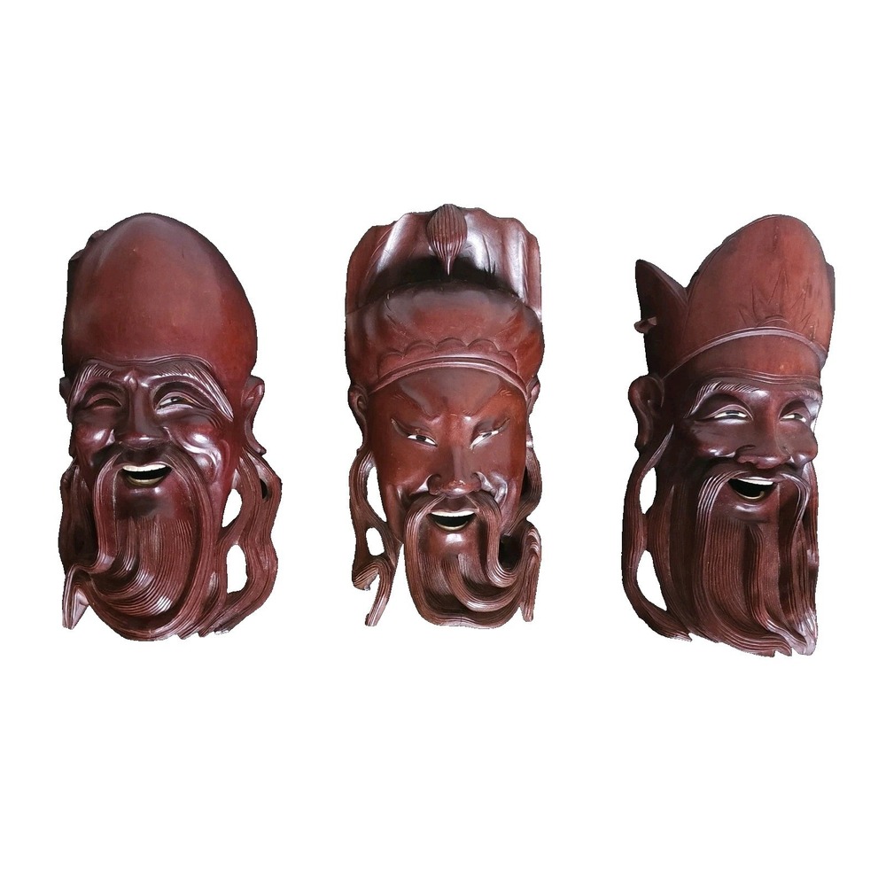 VTG SET (3)- Chinese Asian Wood Intricately Hand Carved Masks Wall Hanging Decor